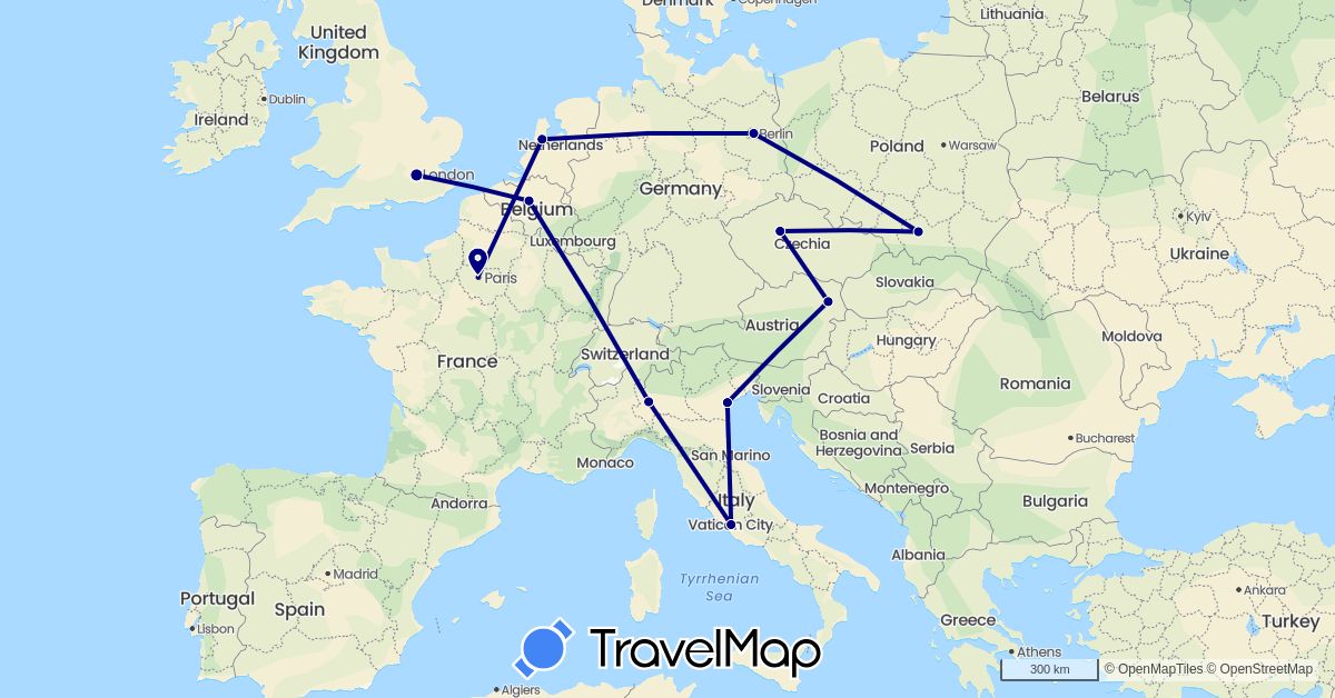 TravelMap itinerary: driving in Austria, Belgium, Czech Republic, Germany, France, United Kingdom, Italy, Netherlands, Poland (Europe)